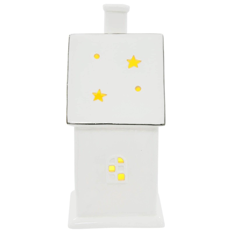 Mr Crimbo Light Up House Christmas Decoration Silver White Ceramic