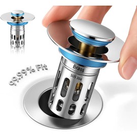 (All Metal) Bathroom Sink Stopper, Pop Up Drain Strainer for Bathroom Sink, Sink Plug Hair Catcher, Silent Popper Core w/Removable Filter Basket,Fit 1.05~2.0''Basin (Chrome, 1 Pack)