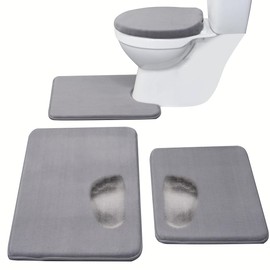 Madeals Memory Foam Bath Mat Set 4 Piece with Toilet Lid Cover and Rug Set Combo, Bath Mat Set 3 Piece and U-Shaped Toilet Floor Rug Grey