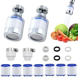 LURNODY Pack of 2 Water Filter Tap, 360° Water Filter Tap, Tap Filter for Drinking Water, Water Filter for Tap with 7 Pieces PP Cotton Filter Element and Universal Adapter