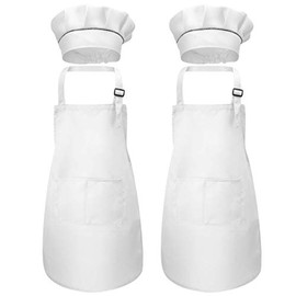 Disino 4 Pcs White Kids Apron and Chef Hat Set, Boys Girls Adjustable Aprons with 2 Pockets, Children Chef Apron Toddler Kitchen Garden Bib Aprons for Cooking Crafting Painting Baking (7-13 Year)