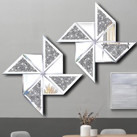 XIHACTY Set of 2 Diamond Decorative Mirrors, Cute Pinwheel Shape Wall Mirror, Crushed Diamond Glass Mirror for Home Décor. (15.6”x15.6”)
