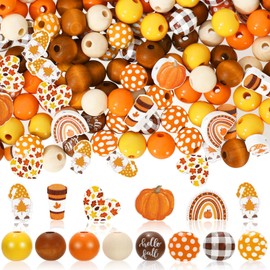 JarThenaAMCS 200Pcs Fall Wooden Bead Pumpkin Maple Leaf Rainbow Gnome Wood Beads Colorful Round Loose Spacer Beads for Autumn Harvest Thanksgiving Party DIY Crafts Supplies