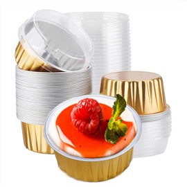 Cupcake Baking Cups with Lids 50 Pack 4.5oz Muffin Cases with Lids Disposable Foil Baking Cups Aluminum Foil Cream Brulee Cupcake Holder Pan Container (Gold)