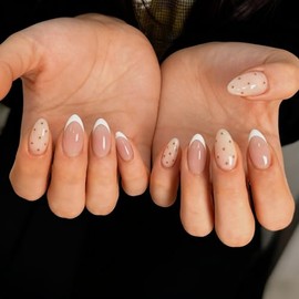 SXVME Uñas postizas blancas con punta francesa almendra, cortas con lunares, con diseños, marrones, reutilizables, brillantes y suaves, con gel adhesi