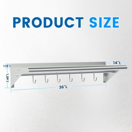 Treshin Stainless Steel Shelf with 6 Hooks 14 x 36 Inches, Commercial Wall Mount Floating Shelving Storage Pot Rack for Restaurant, Kitchen, Home, Bar and Hotel