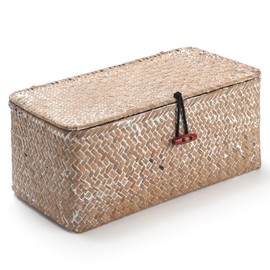 Rattan Storage Basket Made of Seagrass with Lid, Natural Material (White Wash Small, 26 cm x 14 cm x 11 cm H)