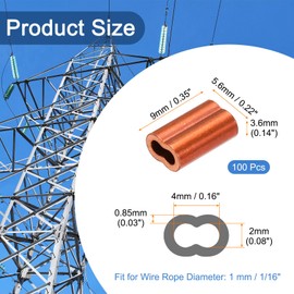 sourcing map Copper Duplex Oval Crimping Sleeve 1/16"(1.5mm) Cable Ferrule Crimping Loop Sleeve for Wire Rope Cable Fishing Line, Pack of 100