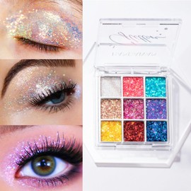 Glitter Eyeshadow Palette, Shimmer Eye Shadow Pallets for Women, Red Gold Silver White Bright Sparkly Metallic Eye Glitter Eye Make-Up, Rainbow Colourful Blue Smokey Eyeshadow Makeup Palette for Women