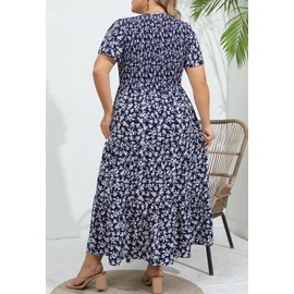 Younrui Women's Plus Size Maxi Flutter Boho Dresses with Pockets Puff Short Sleeve Loose Fit Swing Casual Dress(3XL-1004-Blue Floral)
