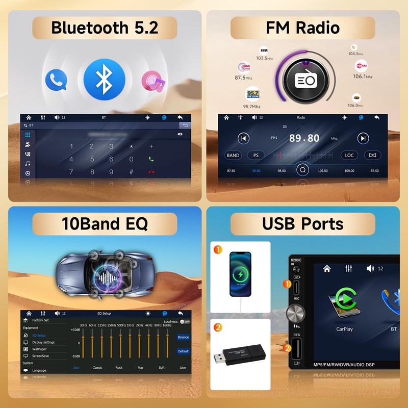 Single Din Car Stereo Compatible with Carplay Android Auto, METEESER