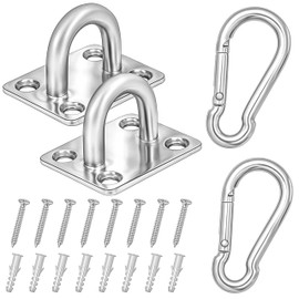 Winter Shore M8 Square Eye Plate with Eyelet with Carabiner Hook Stainless Steel [Pack of 2] - Robust Ceiling Hooks Heavy Duty with Carabiners for Indoor & Outdoor Use - Ceiling Mount with 8 Dowels &