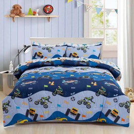 Holawakaka Trucks Tractors Cars Boys 5-Piece Bedding Comforter Sheet Set,Twin Size Cartoon Construction Car Excavator Print Kids Bed in A Bag, Excavator Mixer Truck Printed Bed Sets(Light Blue Twin)