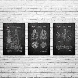 Patent Earth Oil Drilling Posters Set of 3 (5x7), Rig Worker, Roughneck Gift, Oil Industry Art, Oil Well Blueprint, Energy Contractor Dark Concrete