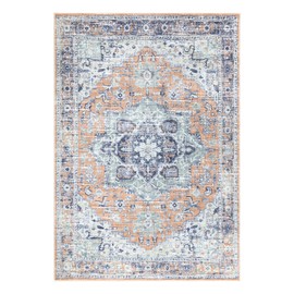 Bloom Rugs Washable Non-Slip 5' x 7' Rug - Peach/Blue Traditional Area Rug for Living Room, Bedroom, Dining Room, and Kitchen - Exact Size: 5' x 7'
