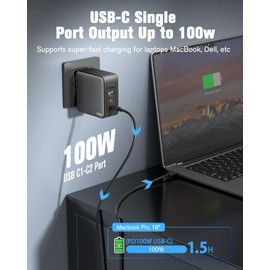 USB C Ladegerät GaN 100W 2C+1A 3 Port USB-C Netzteil PPS Schnellladegerät PD Charger kompatibel mit MacBook Pro/Air, Pad Pro/Air, Phone 15/15 Pro Max/14, Galaxy S24 Ultra, Pixel, Steam Deck