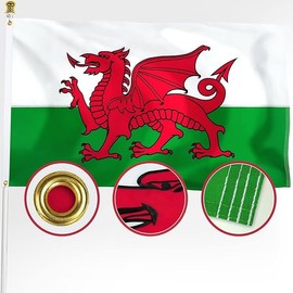 PREMIUM Embroidered Welsh Dragon Double-Sided Flag, 3x5 Feet, 300 Denier, 100% Nylon, Waterproof with Rust-Resistant Brass Grommets, Embroidered Design