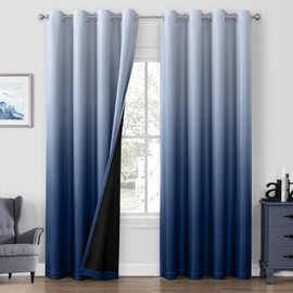 HOMEIDEAS 100% Navy Blue Ombre Blackout Curtains for Bedroom, Room Darkening Curtains for Living Room 52 X 84 Inches Long Grommet Gradient Drapes, 2 Panels