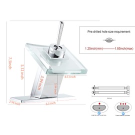 Bathroom Sink Faucet Waterfall Glass Spout Single Handle Chrome Bathroom Faucet One Hole Modern Lavatory Vanity Basin Sink Mixer Tap with Hole Cover Plate Deck Mount