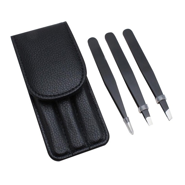Set of 3 Sipliv Tweezers Precision Slanted Stainless Steel Tweezers and Tip Eyebrow Tweezers with Leather Case Black
