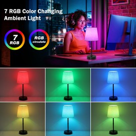 Ascher Small Cordless Table Lamp RGB 7 Color, 3000K/4500K/6500K, Built-in Rechargeable Battery, Dimmable Portable Bedside Night Lamp 14.5inch, Flaxen Shade Ambient Light for Restaurant, Bedroom
