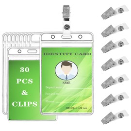 GDTOOLMMY 30-Pack Vertical ID Badge Holders with Clips – Waterproof Resealable Zip, Fits 3.38" x 2.12", for Office and School