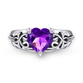 DOTOUJOUR Natural Amethyst Promise Ring for Women 8mm Heart Shaped Real Amethyst Rings 925 Sterling Silver Vintage Size 7