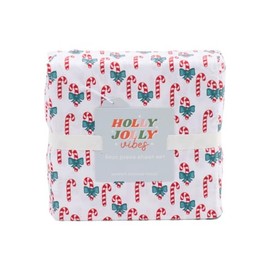 Holly Jolly Vibes Christmas Winter Sheet Set (Candycane Bows, Queen)