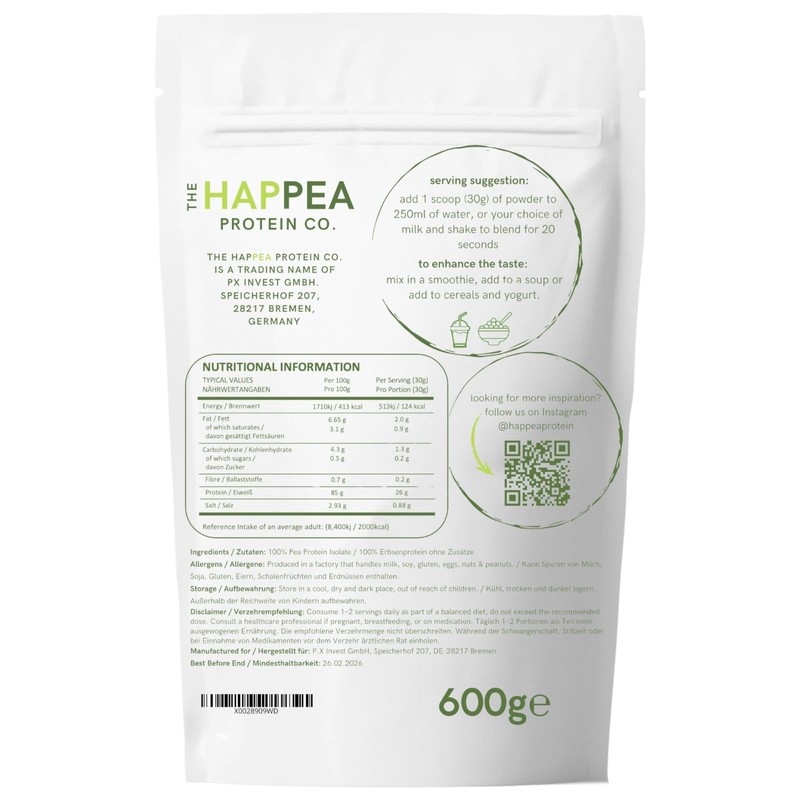 HAPPEA 100% Pea Protein 600 g, Vegan Protein Powder, Purely