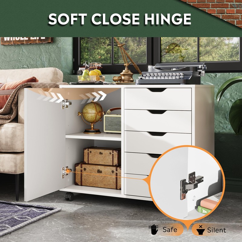 DEVAISE 5-Drawer Wood Dresser Chest with Door, Mobile Storage Cabinet,