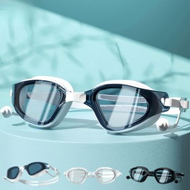 Vyloky Optical Swimming Goggles with Prescription, Dioptres: 0 to -8.0, Anti-Fog, UV Protection, Super Fit, Includes Nose Bridge and Sturdy Box, with Ear Plugs (Lake Blue White, -4 D)