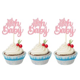 24 piezas de adornos para cupcakes de copo de nieve Oh Baby con purpurina para invierno, Oh Baby Snowflake Púas para cupcakes, baby shower, niños, cumpleaños, Navidad, fiesta, decoración de pasteles, suministros color rosa