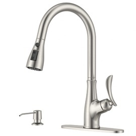 APPASO Kitchen Faucet with Soap Dispenser, Brushed Nickel Kitchen Faucet with Pull Down Sprayer, 3 Modes Faucets for Kitchen Sink, Gooseneck Kitchen Sink Faucets for 1 or 3 Holes with Deck Plate