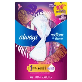 Always Radiant Feminine Pads for Women, Size 1 Regular, with Wings, Scented, 42ct