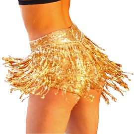 Yollmart Women's Sequins Tassel Skirts Shorts Booty Dance Festival Bottoms (US, Alpha, Large, Regular, Regular, Gold)