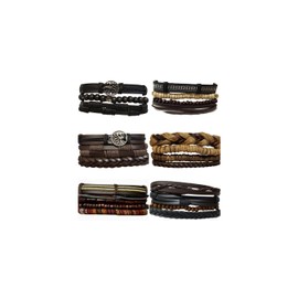 Novarena 24 Pack Genuine Leather Woven Tree of life Bracelets Men Women, Tiger Eye Natural Stone Lava Rock Beads Ethnic Tribal Elastic Wristbands, Beaded Multi Layer Stackable (Pack of 24 Bracelets)