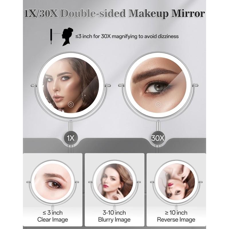 vpu Makeup Mirror with Lights, 1X/30X Lighted Magnifying Mirror Height