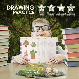 Chamgeco Reusable Magic Practice Copybook Set, Large Grooved Drawing Book with 3 Tracing Books, Drawing Practice Sketchbook for Kids Age 3-8, 10 Refillable Pen Cores & Grip Trainer for Preschool Kindergarten