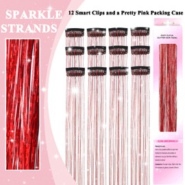 USHUIUS Hair Tinsel Clip in 12 Pcs Clip in Hair Tinsel Red Fairy Glitter Hair Extensions Heat Resistant Sparkly Hair Accessories for Girls Women Kids (12Pcs RED)