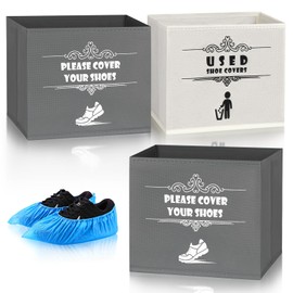 2 Pcs Foldable Shoe Covers Box, Shoe Cover Dispenser for Open House, Real Estate Agent Realtor Supplies, Please Cover or Remove Your Shoes and Used Covers Sign Entryway Basket Storage Bins Set