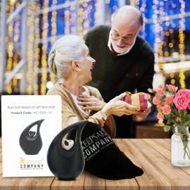 KEEPSAKE COMPANY White Teardrop Small Urns for Human Ashes/Mini Urn with Sky Blue Heart/Cremation Keepsakes for Ashes/Ash Holders (Black Matte, Small - S (15 Cu in))