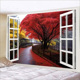 FENDROM Fall Tapestry Autumn Maple Tree Forest Scenery outside Window Tapestry for Bedroom, Park Red Yellow Tree Beautiful View Wall Hanging Tapestry for Home Living Room Dorm Wall Decor