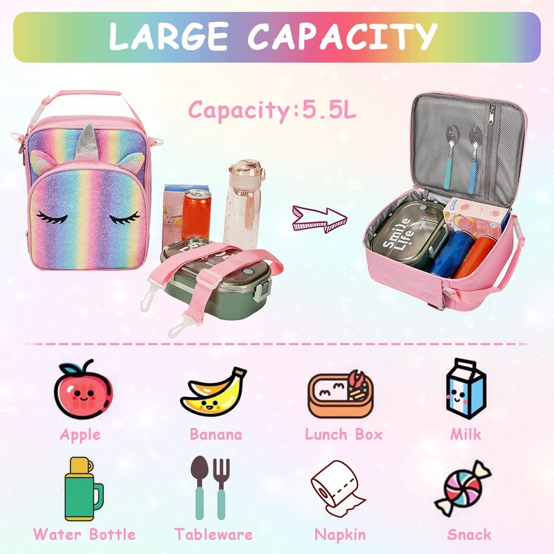 VASCHY Unicorn Lunch Box Bag for Kids, Insulated Reusable Glittery