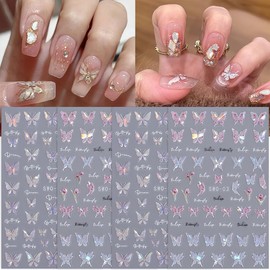 Shiny Pink Butterfly Nail Art Sticker Butterfly Nail Decals 3D Self-Adhesive Nail Art Supplies Laser Glitter Butterflies Nail Design Stickers for Nail Art Foil Butterfly Charm DIY Manicure Decor
