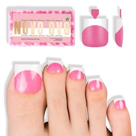 NOVO OVO French Tip Toe Nail Tips Press on, ROSE PINK with Glitter Scharfe Quadrat Press on Französischer Tipp Fußnägel ROSA Zehennägeln Tipp, Aufkleben künstliche Zehennägel x 15 Größen 240 Stück