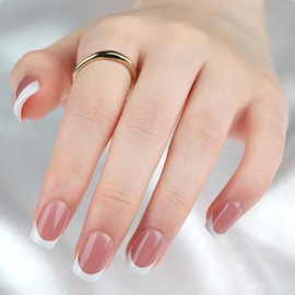 French Press On Nails - 24 Pcs Short Square False Nails With Glue - Gothic Nude Pink White Fake Nails - Full Cover Acrylic Nails Stick On Nails - Reusable French Tips False Nails For Women Nail Art