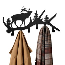 Zckjnoi Elk Antler Key Holder Wall Mount – Rustic Key Rack for Wall with Hooks, Black Metal Deer Key Hanger, Wall-Mounted Key & Coat Hooks for Entryway, Cabin or Mudroom