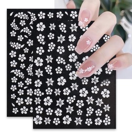 8Sheets Flower Nail Art Stickers White Flowers Nail Decals Stickers 3D Self Adhesive Blooming Floral Nail Supplies 5 Petals Spring Summer Nail Accessories for Women Fingernails Acrylic Nails Decor