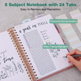 Spiral Notebook, Notebooks College Ruled, 5 Subject Notebook with Dividers, Hardcover Notebooks for Work, School, Note Taking, 250 Page Leather Notebook Journal for Women Men, Large B5 Teal Notebook