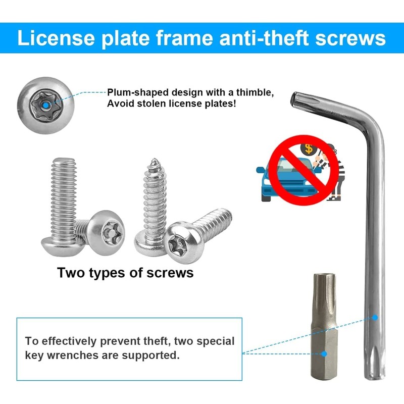 Anti Theft License Plate Screws Kits, Rustproof Stainless Steel Mounting